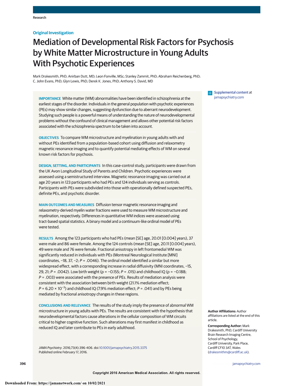 Mediation of Developmental Risk Factors for Psychosis by White Matter Microstructure in Young Adults with Psychotic Experiences