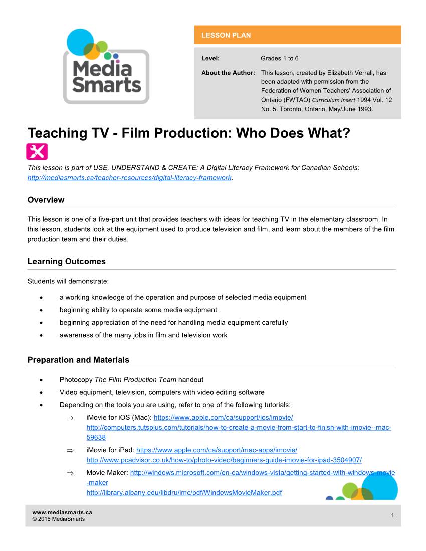 Teaching TV - Film Production: Who Does What?