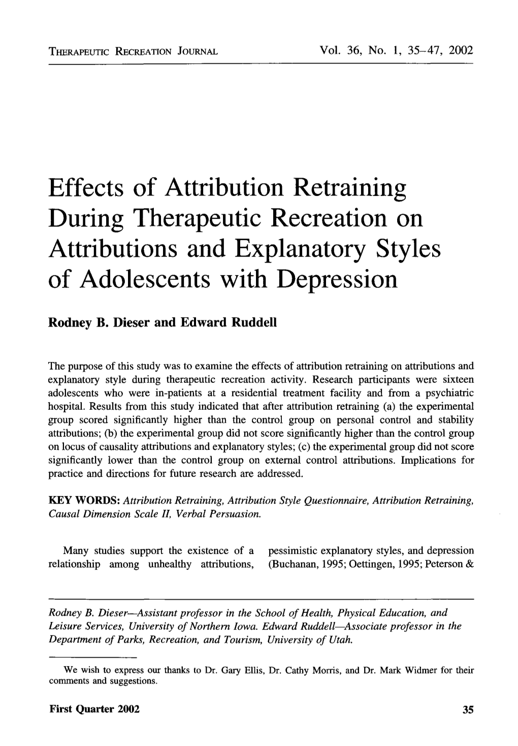 Effects of Attribution Retraining During Therapeutic Recreation on Attributions and Explanatory Styles of Adolescents with Depression