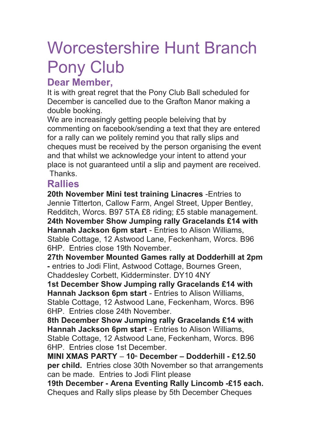 Worcestershire Hunt Branch Pony Club