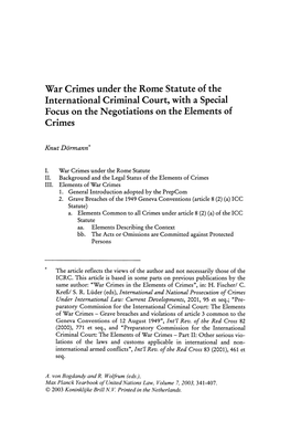 War Crimes Under the Rome Statute of the International Criminal Court, with a Special Focus on the Negotiations on the Elements of Crimes