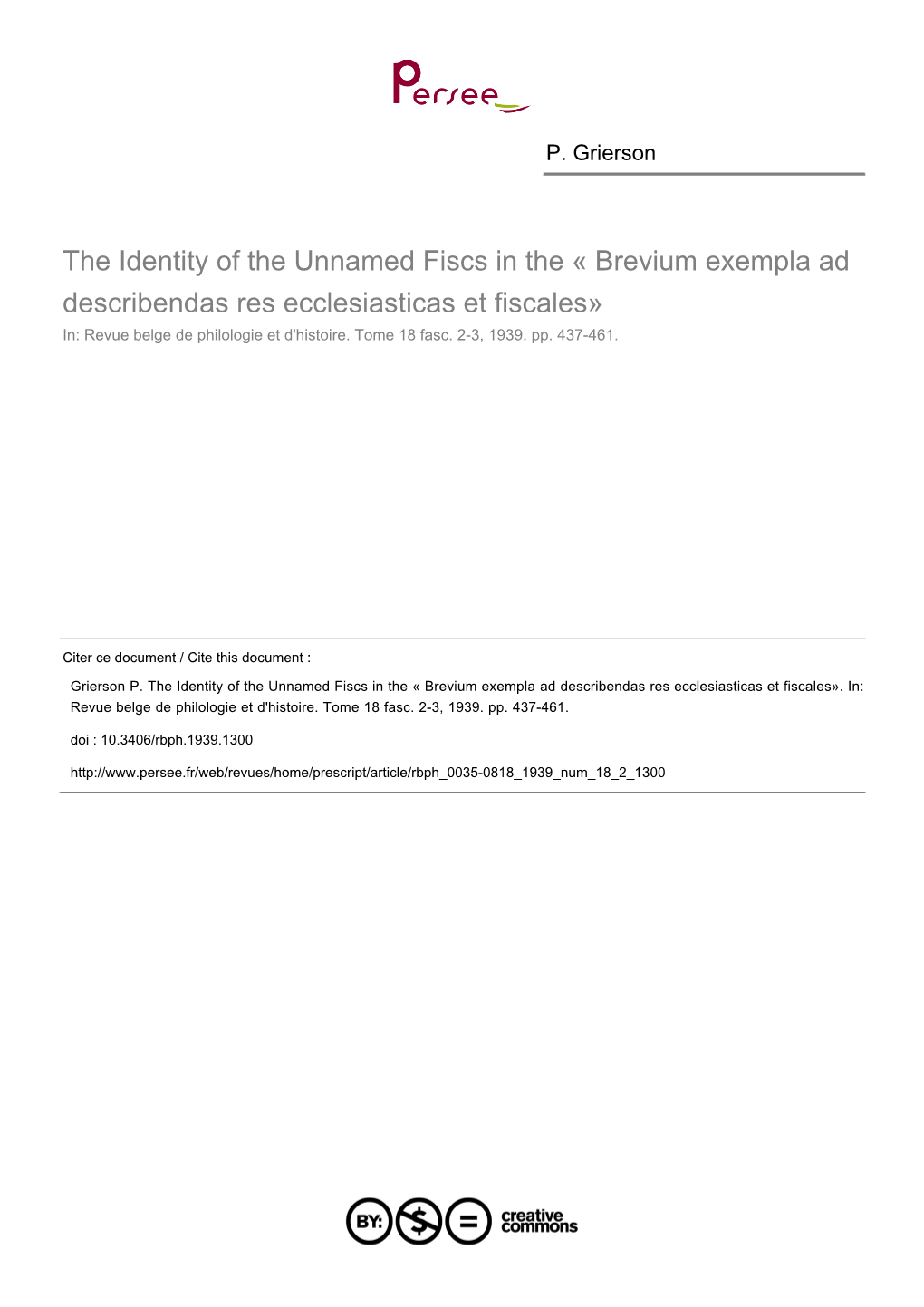 Brevium Exempla Ad Describendas Res Ecclesiasticas Et Fiscales» In: Revue Belge De Philologie Et D'histoire