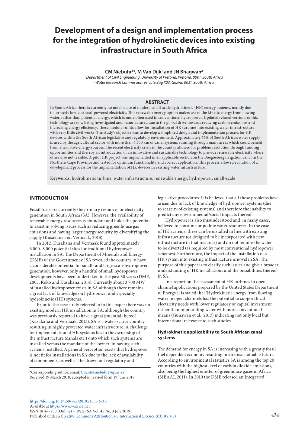 Development of a Design and Implementation Process for the Integration of Hydrokinetic Devices Into Existing Infrastructure in South Africa