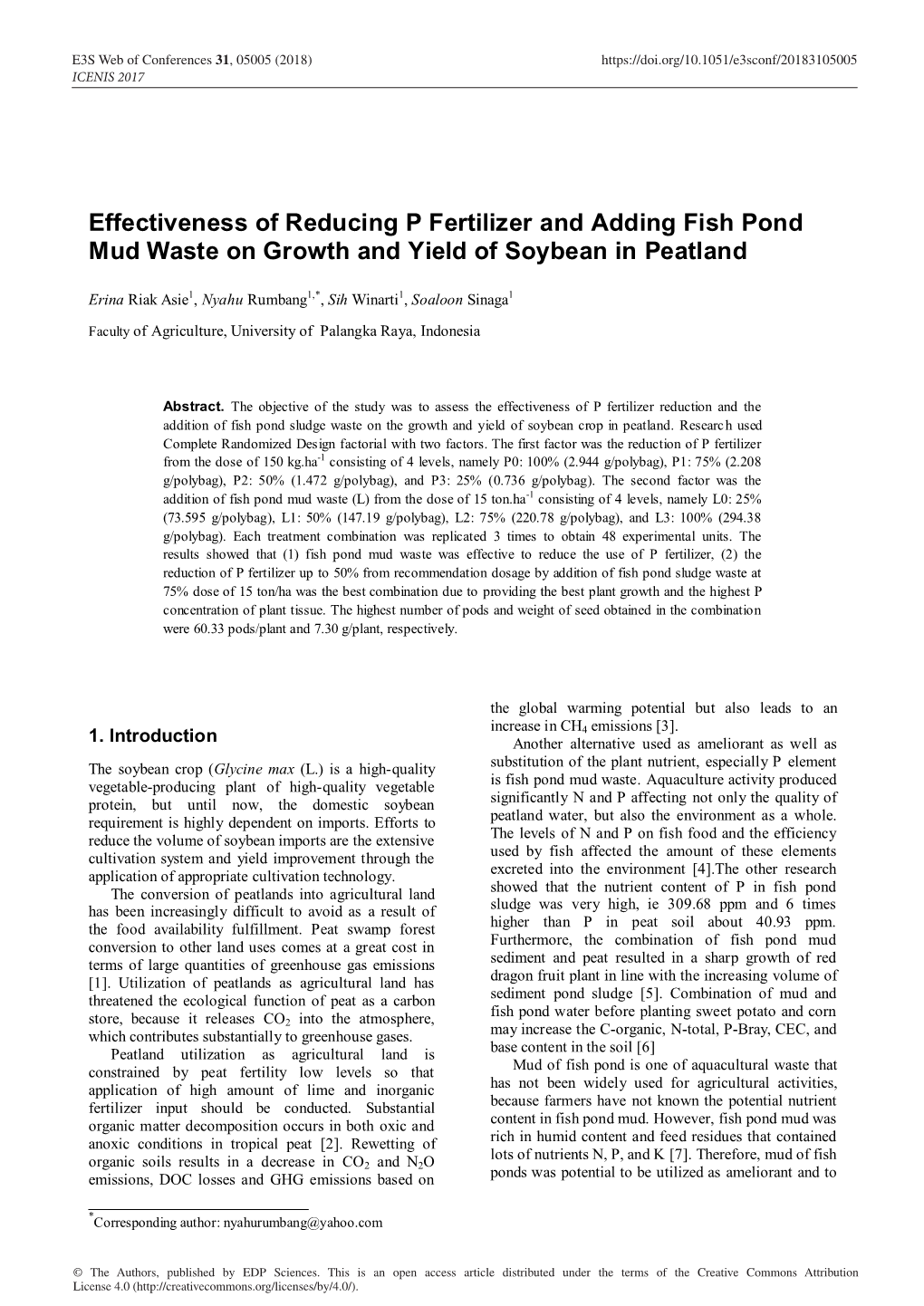 Effectiveness of Reducing P Fertilizer and Adding Fish Pond Mud Waste on Growth and Yield of Soybean in Peatland