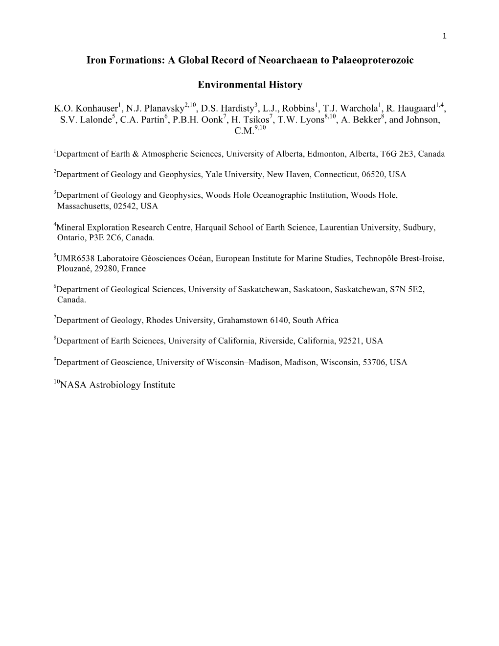 Iron Formations: a Global Record of Neoarchaean to Palaeoproterozoic