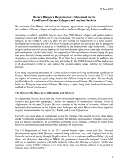 Hazara Diaspora Organizations' Statement on the Condition Of