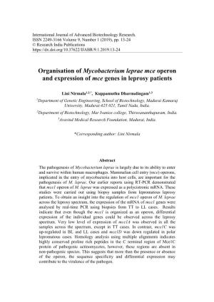 Organisation of Mycobacterium Leprae Mce Operon and Expression of Mce Genes in Leprosy Patients