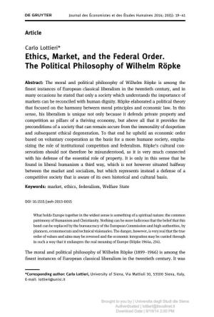 Ethics, Market, and the Federal Order. the Political Philosophy of Wilhelm Röpke