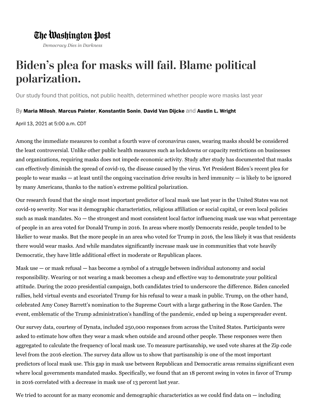 Biden's Plea for Masks Will Fail. Blame Political Polarization