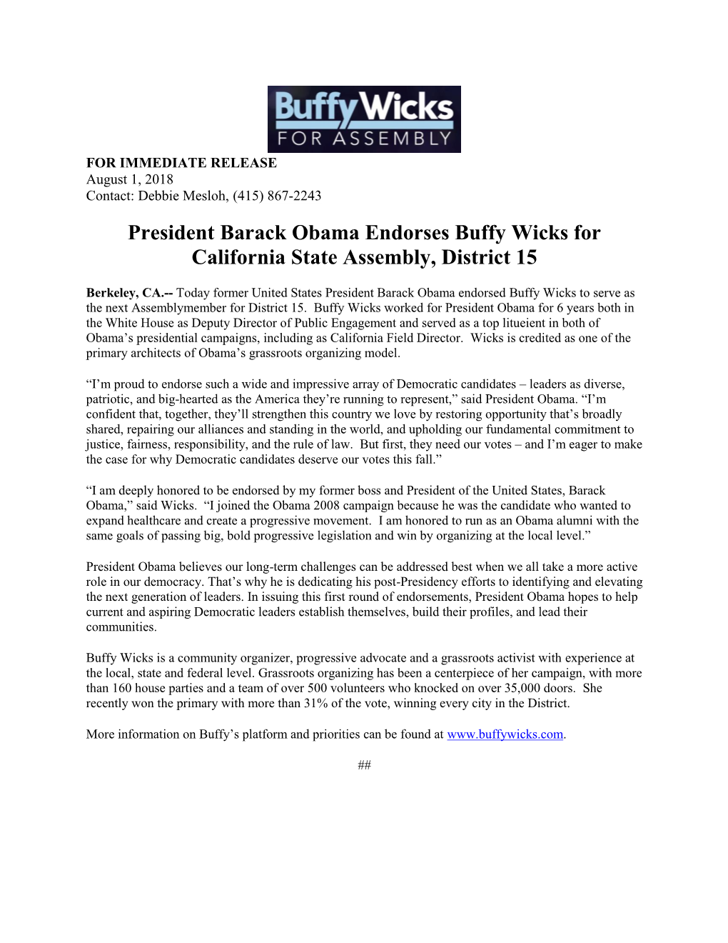 President Barack Obama Endorses Buffy Wicks for California State Assembly, District 15