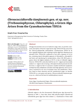 (Trebouxiophyceae, Chlorophyta), a Green Alga Arises from the Cyanobacterium TDX16