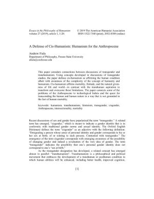 A Defense of Cis-Humanism: Humanism for the Anthropocene