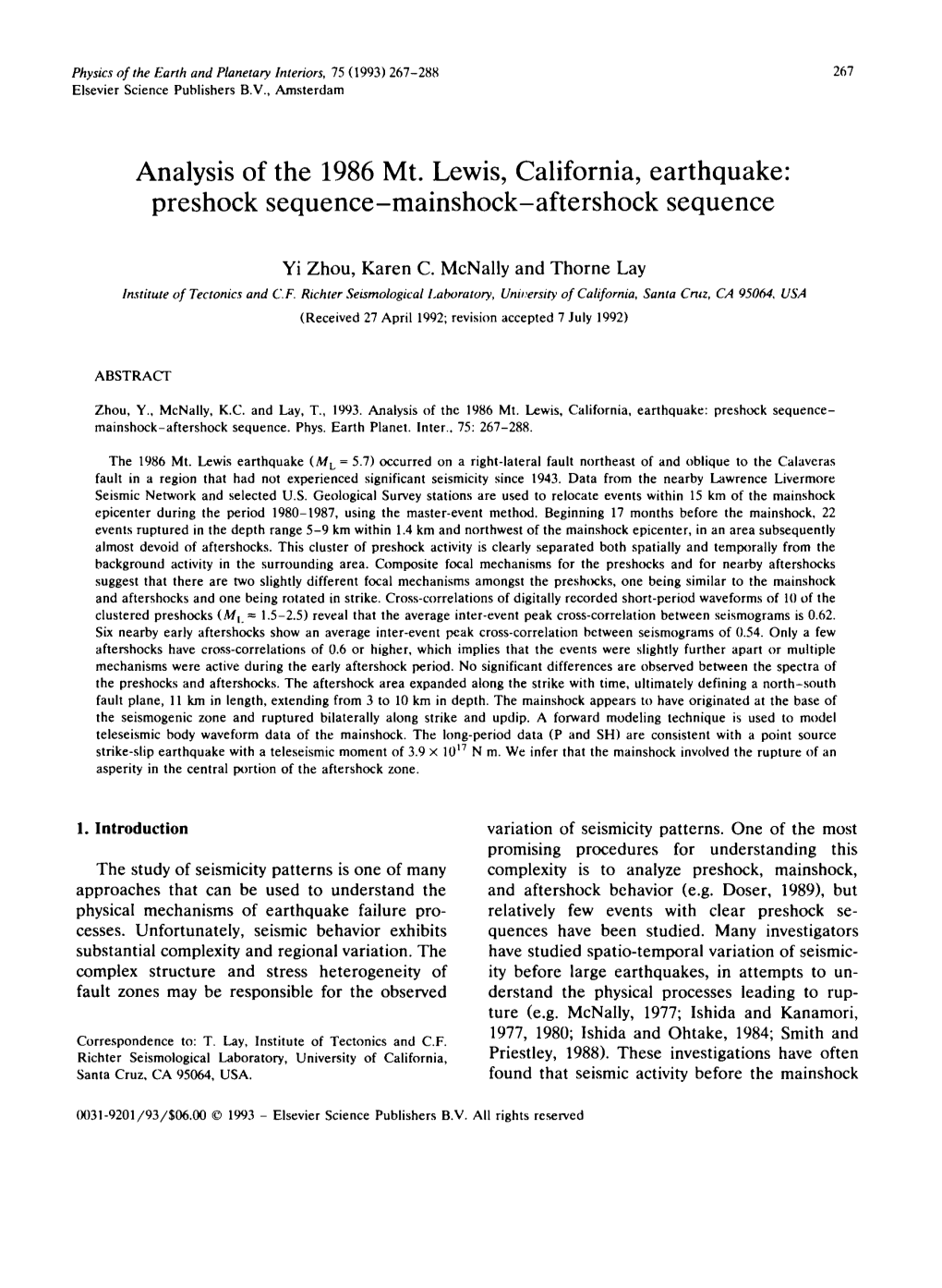 Analysis of the 1986 Mt. Lewis, California, Earthquake: Preshock Sequence-Mainshock-Aftershock Sequence