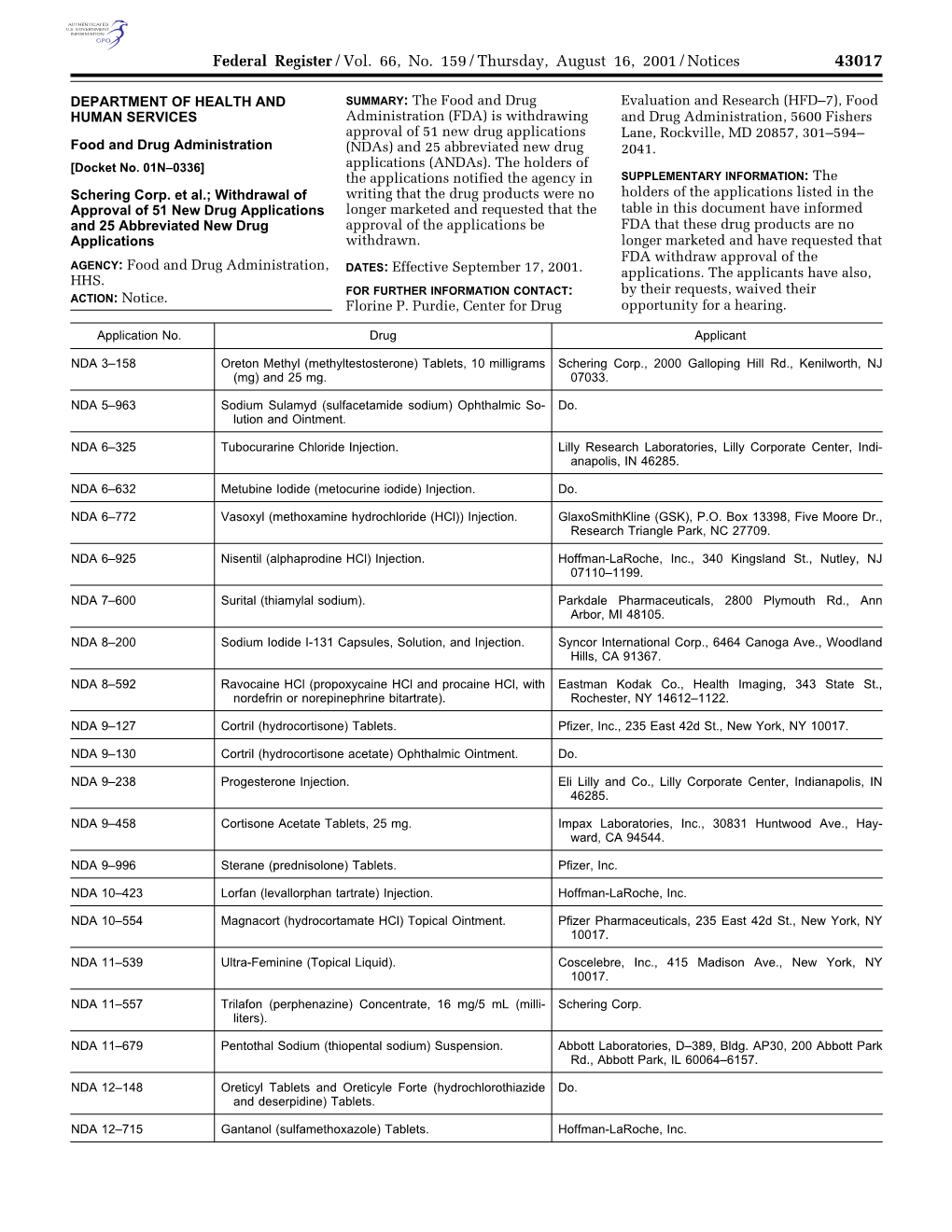 Federal Register/Vol. 66, No. 159/Thursday, August 16, 2001