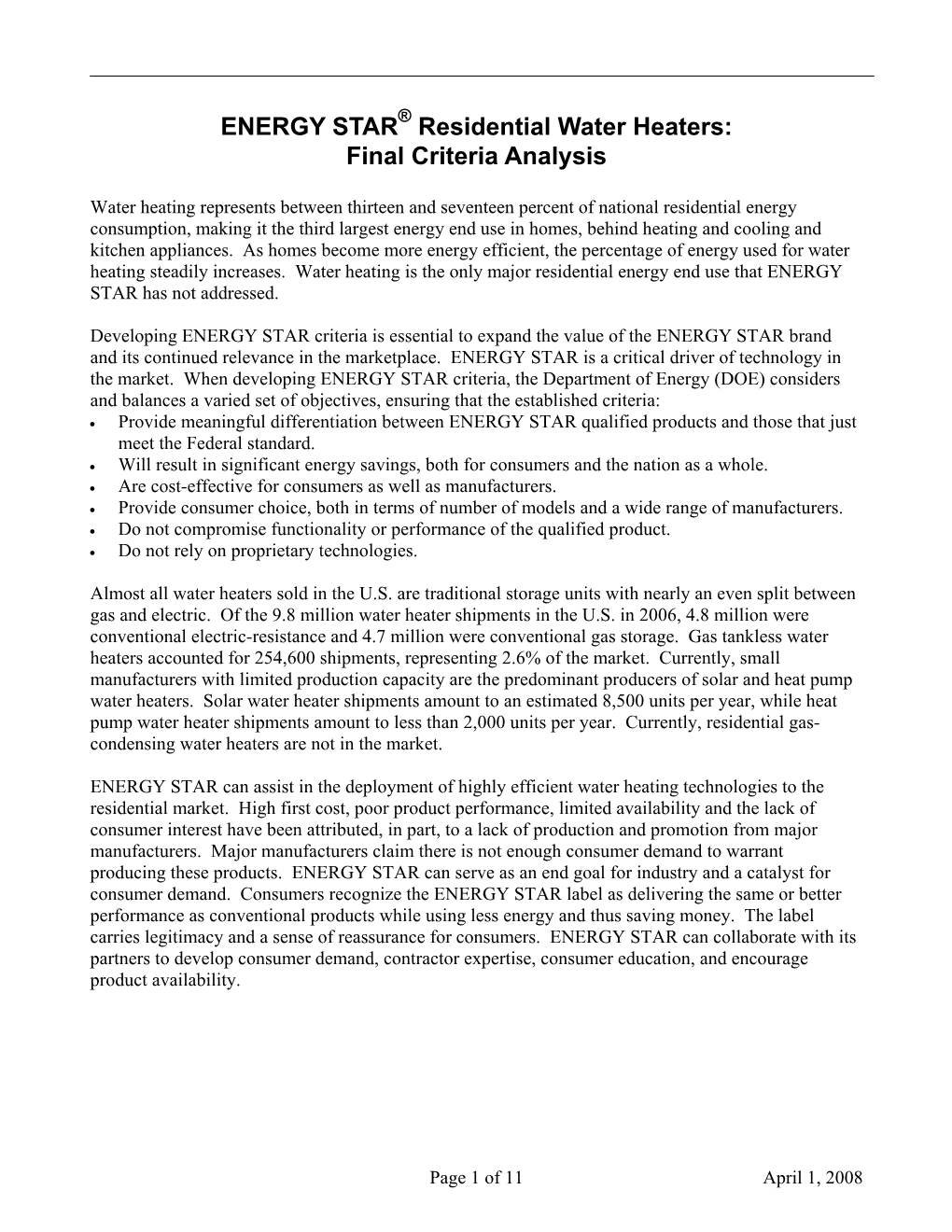 Residential Water Heaters: Final Criteria Analysis
