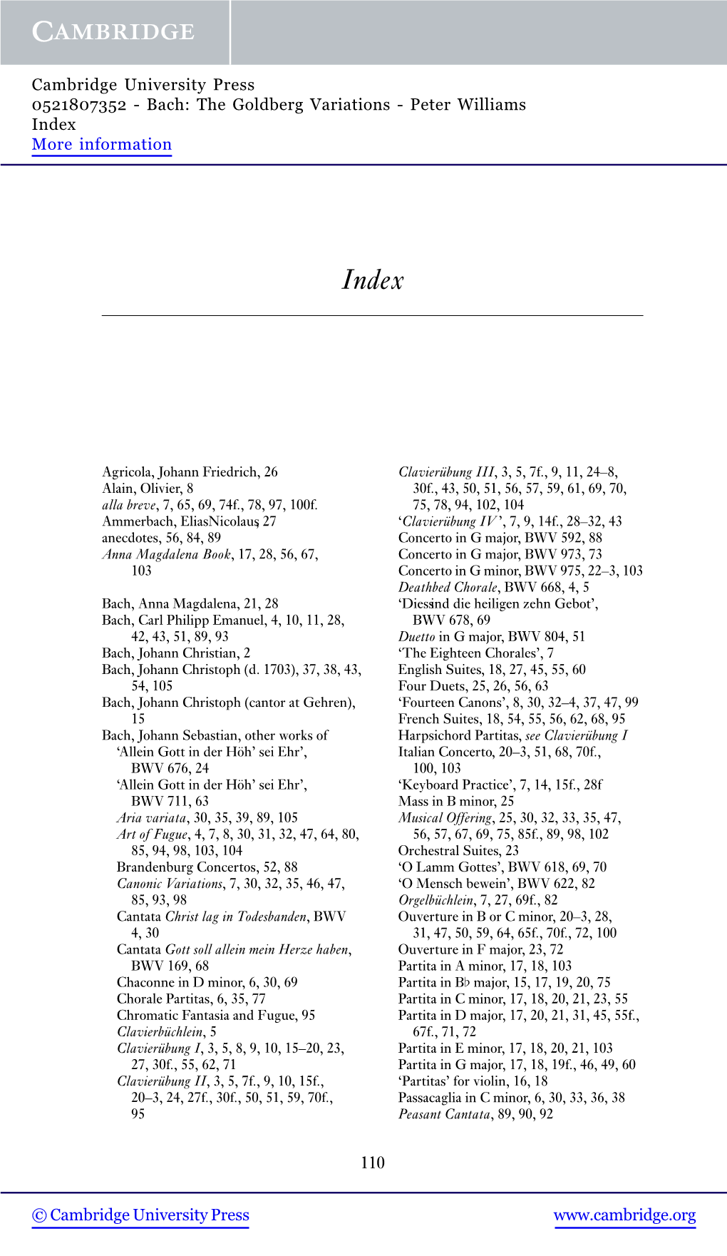 Bach: the Goldberg Variations - Peter Williams Index More Information