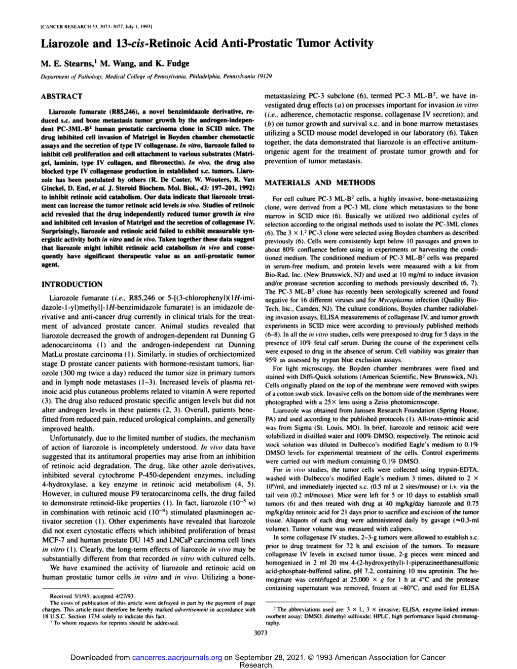 Liarozole and 13-C/S-Retinoic Acid Anti-Prostatic Tumor Activity