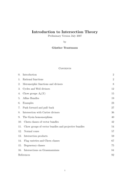 Introduction to Intersection Theory Preliminary Version July 2007