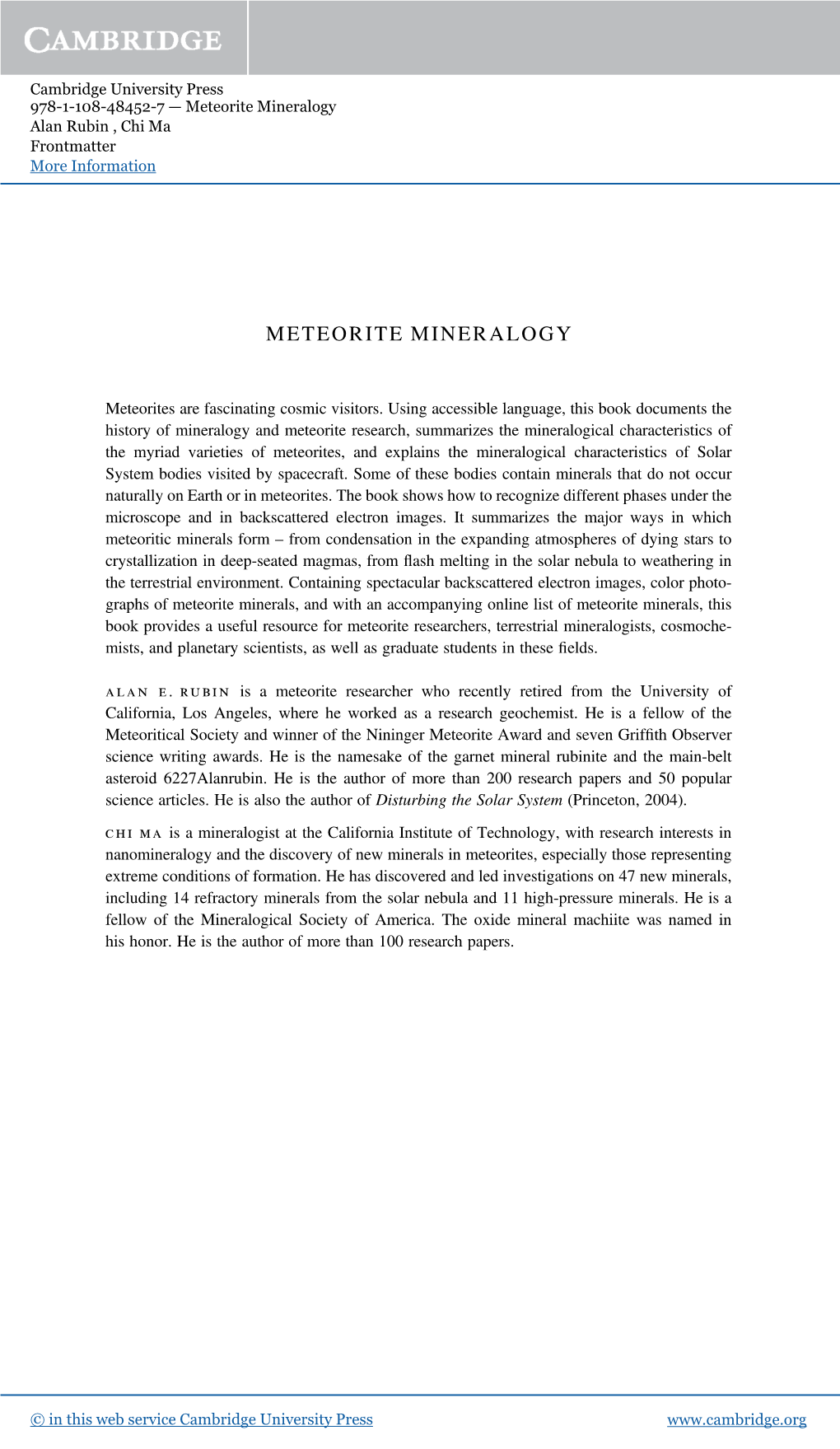 Meteorite Mineralogy Alan Rubin , Chi Ma Frontmatter More Information