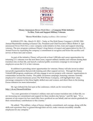 Disney Announces Heroes Work Here – a Company-Wide Initiative to Hire, Train and Support Military Veterans