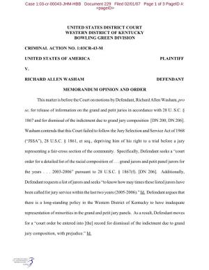 United States District Court Western District of Kentucky Bowling Green Division Criminal Action No. 1:03Cr-43-M United States O