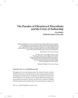 The Paradox of Effeminized Masculinity and the Crisis of Authorship Lisa Butler Wilfrid Laurier University