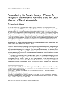 Remembering Jim Crow in the Age of Trump: an Analysis of the Rhetorical Functions of the Jim Crow Museum of Racist Memorabilia