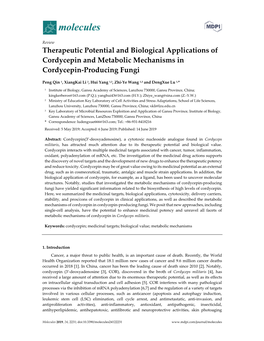 Therapeutic Potential and Biological Applications of Cordycepin and Metabolic Mechanisms in Cordycepin-Producing Fungi