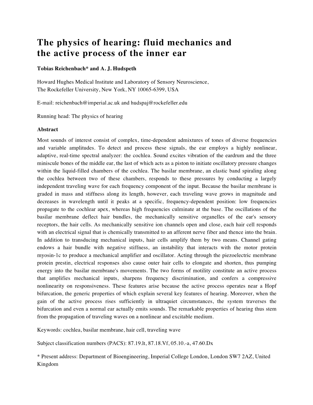 The Physics of Hearing: Fluid Mechanics and the Active Process of the Inner Ear