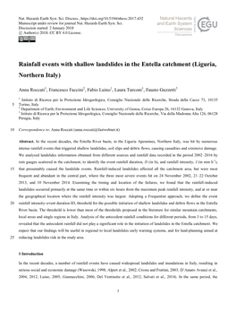 Rainfall Events with Shallow Landslides in the Entella Catchment (Liguria, Northern Italy)