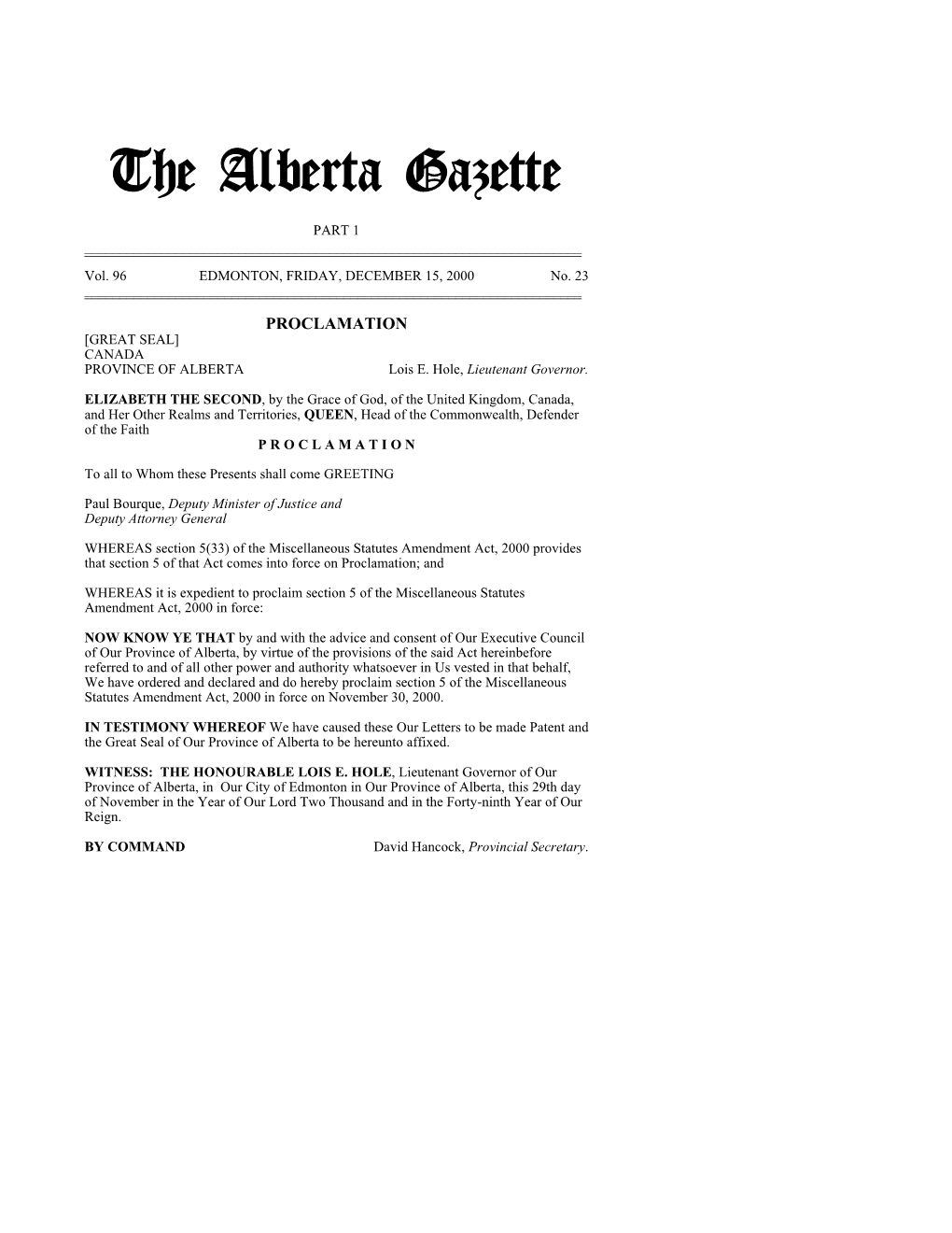 The Alberta Gazette, Part I, December 15, 2000