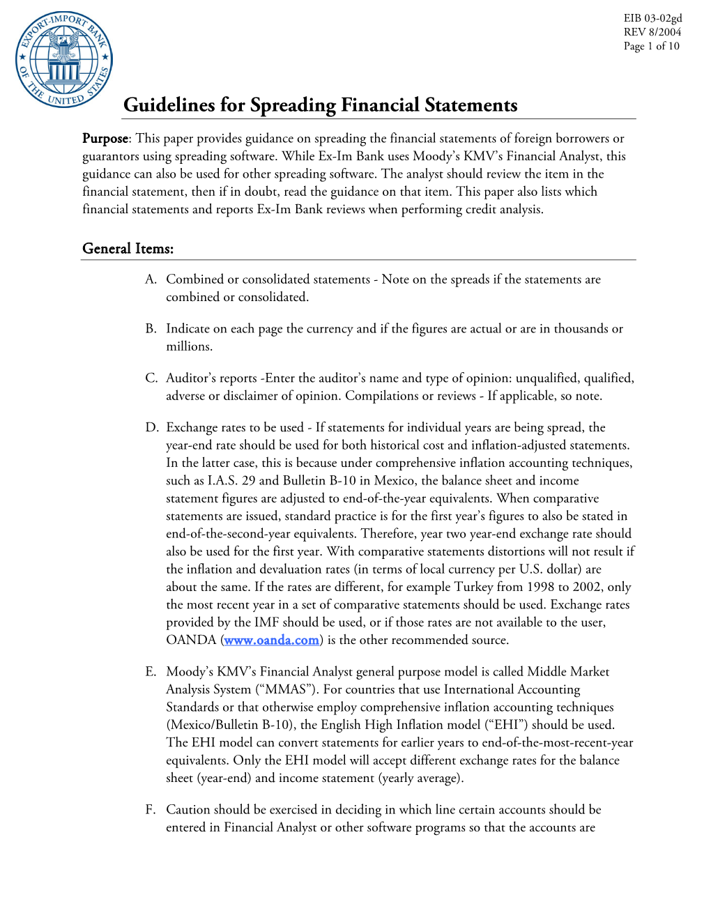 Guidelines for Spreading Financial Statements