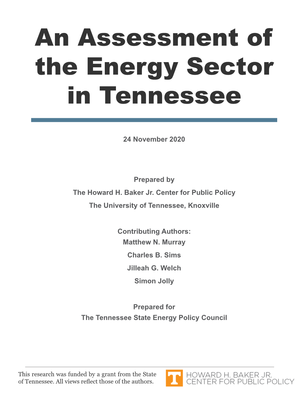 An Assessment of the Energy Sector in Tennessee