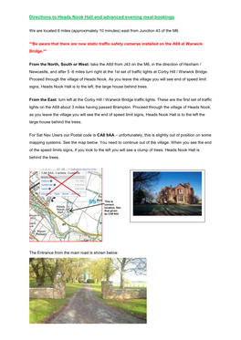 Directions to Heads Nook Hall and Advanced Evening Meal Bookings