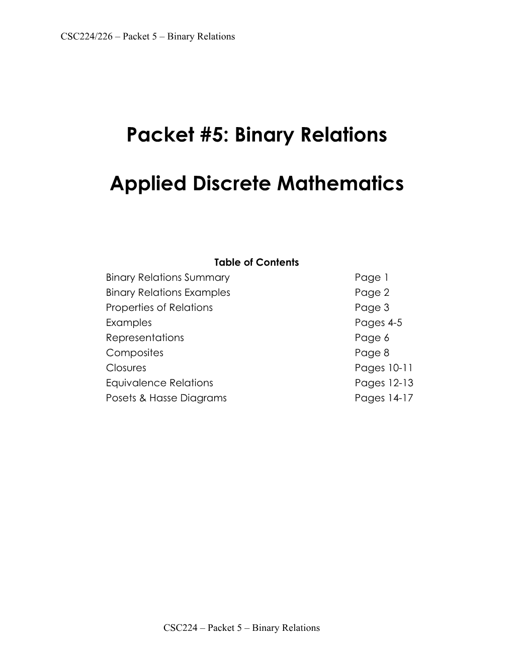 Packet #5: Binary Relations Applied Discrete Mathematics