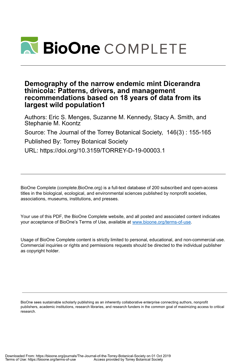 Demography of the Narrow Endemic Mint Dicerandra Thinicola: Patterns