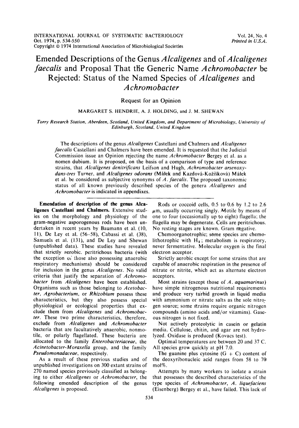 Emended Descriptions of the Genus Alcaligenes and of Alcaligenes