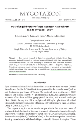 Macrofungal Diversity of Ilgaz Mountain National Park and Its Environs (Turkey)