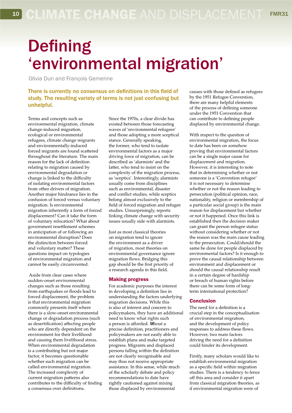 Environmental Migration’ Olivia Dun and François Gemenne