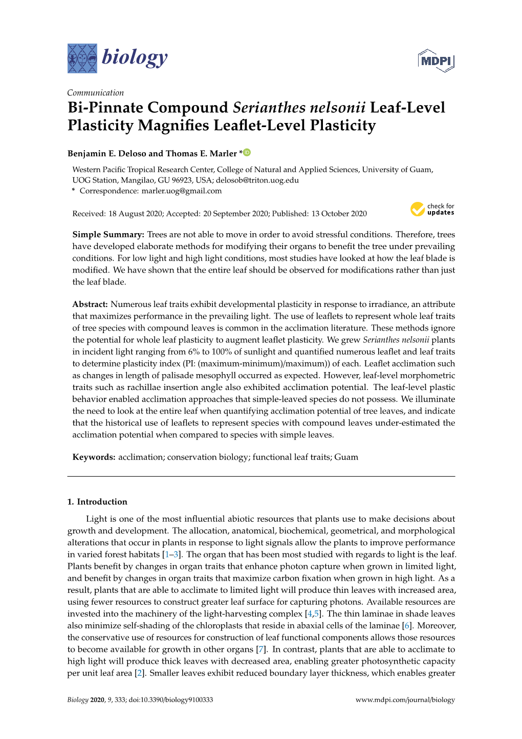 Bi-Pinnate Compound Serianthes Nelsonii Leaf-Level Plasticity Magniﬁes Leaﬂet-Level Plasticity