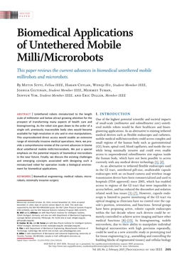 Biomedical Applications of Untethered Mobile Milli/Microrobots This Paper Reviews the Current Advances in Biomedical Untethered Mobile Millirobots and Microrobots