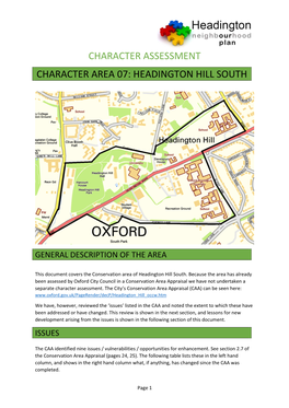 Character Assessment Character Area 07: Headington Hill South