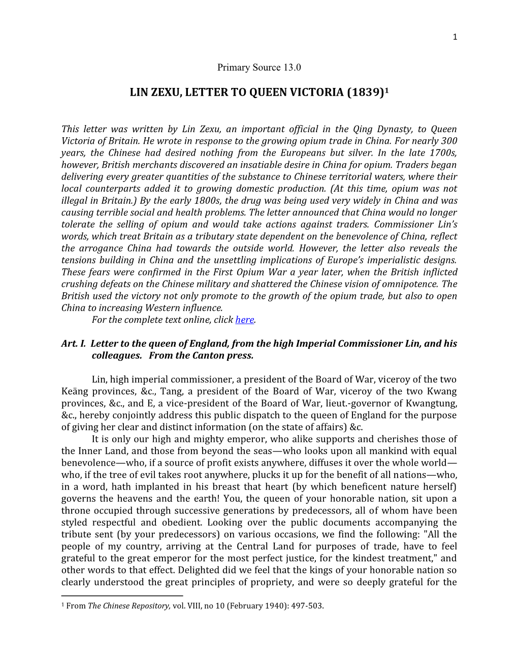 Lin Zexu, Letter to Queen Victoria (1839)1