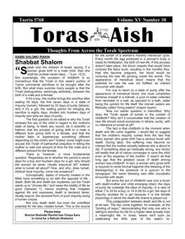 Toras Aish Thoughts from Across the Torah Spectrum RABBI SHLOMO RISKIN for the Tumah of a Woman's Monthly Menstrual Cycle