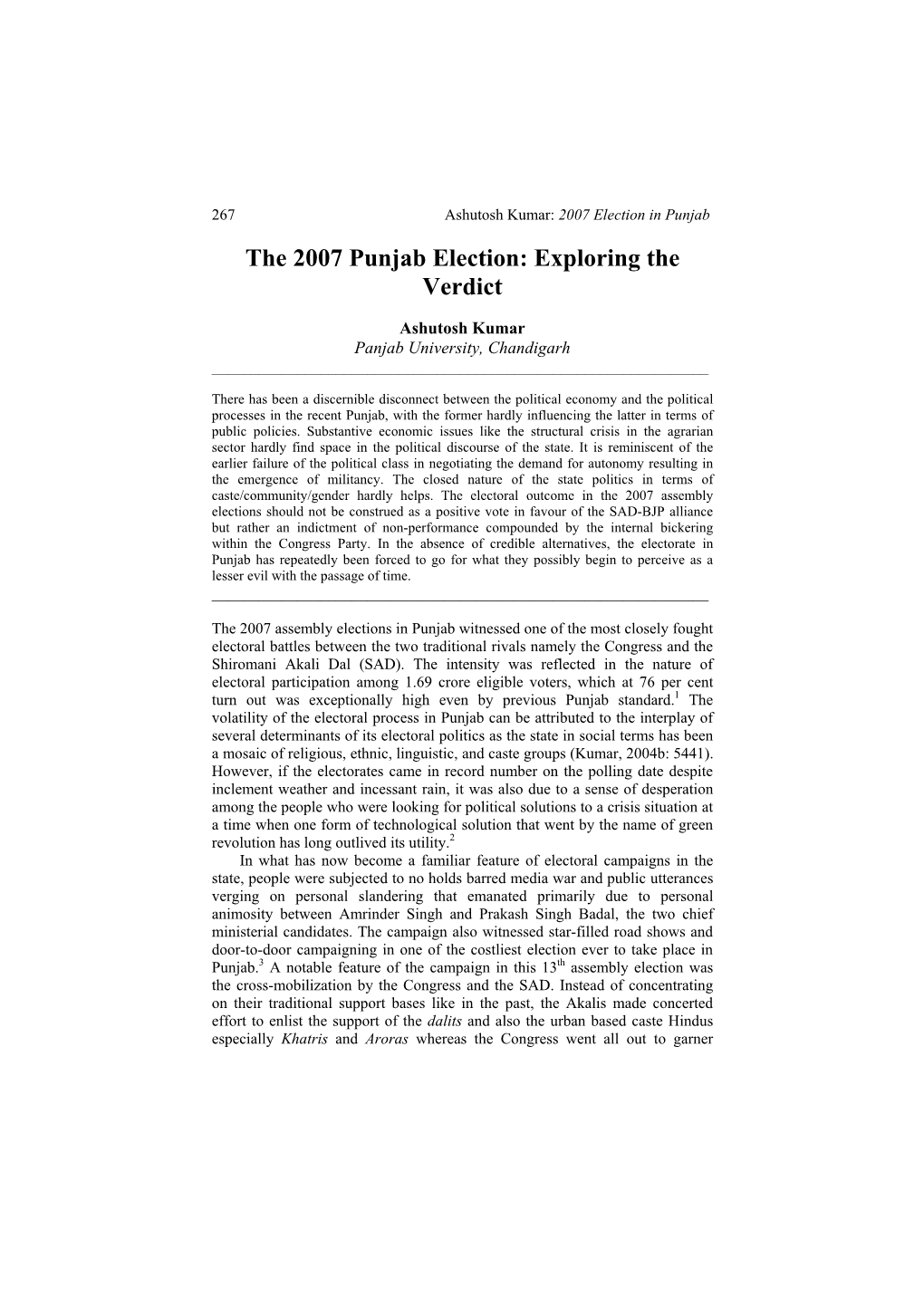 The 2007 Punjab Election: Exploring the Verdict