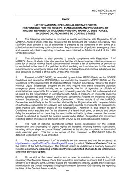 MSC-MEPC.6/Circ.16 Annex, Page 1 ANNEX LIST of NATIONAL OPERATIONAL CONTACT POINTS RESPONSIBLE for the RECEIPT, TRANSMISSION AN