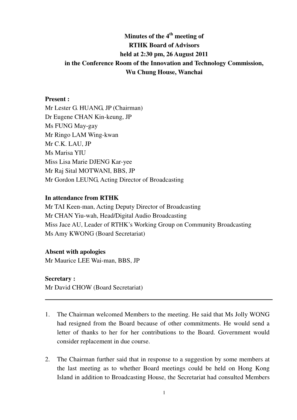 Minutes of the 4 Meeting of RTHK Board of Advisors Held at 2:30 Pm