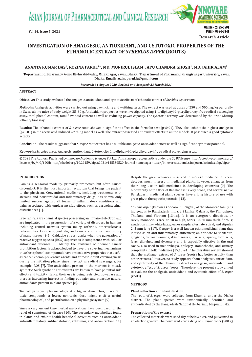 Investigation of Analgesic, Antioxidant, and Cytotoxic Properties of the Ethanolic Extract of Streblus Asper (Roots)