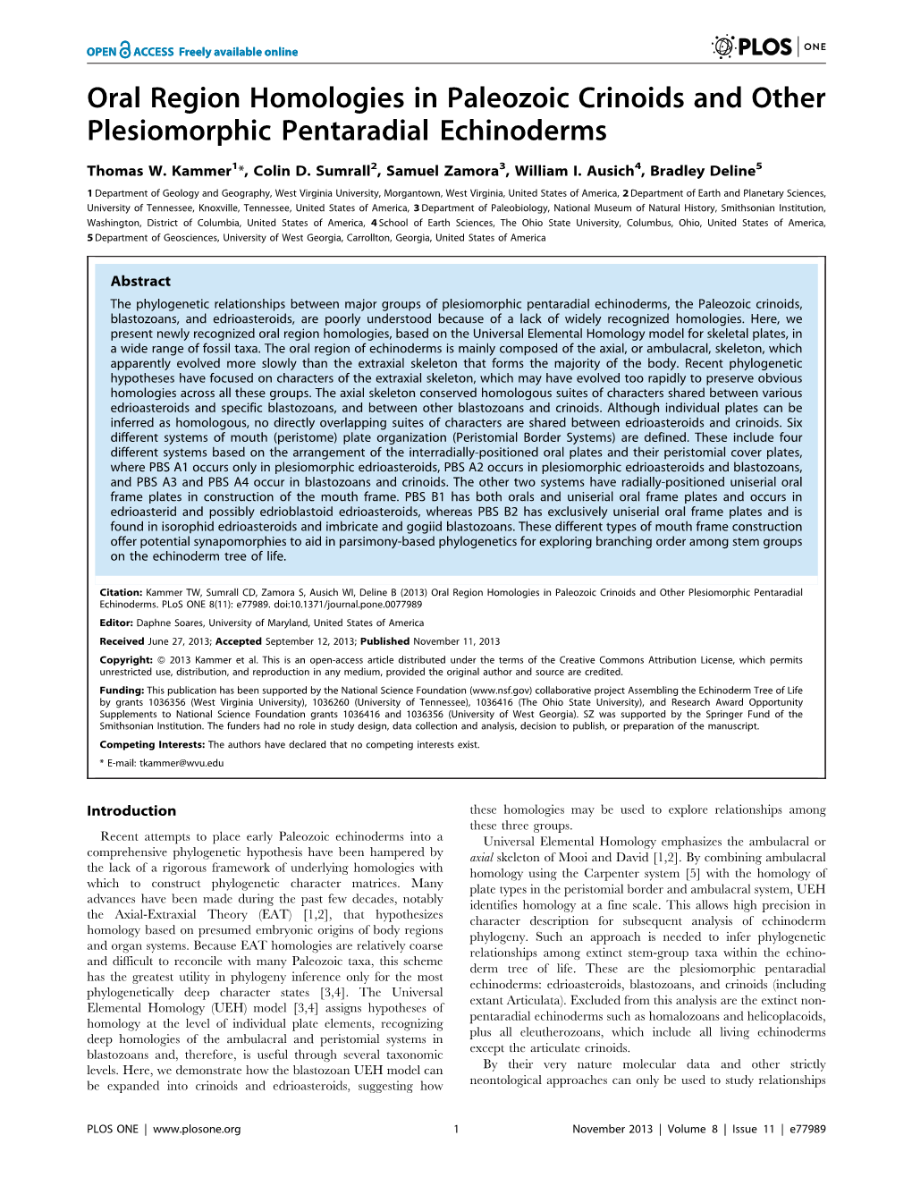 Oral Region Homologies in Paleozoic Crinoids and Other Plesiomorphic Pentaradial Echinoderms