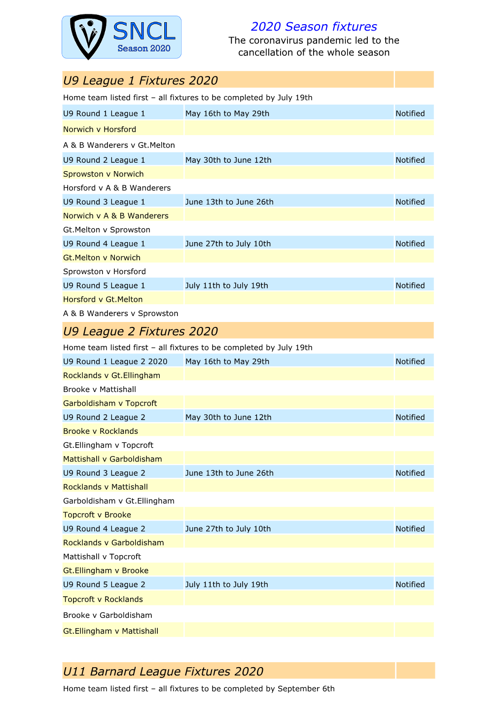 2020 Season Fixtures the Coronavirus Pandemic Led to the Cancellation of the Whole Season